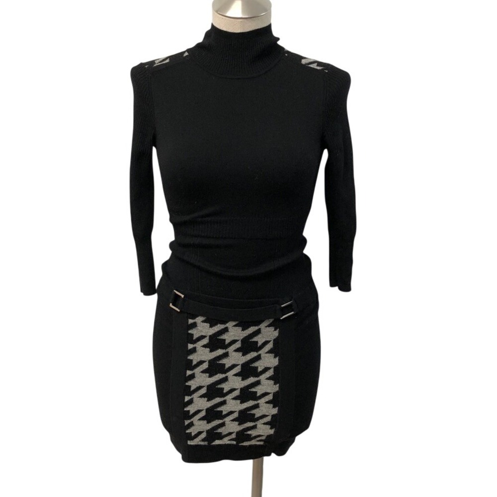 Karen Millen Sweater Dress Womens Small Black Grey Houndstooth Wool Mock Neck